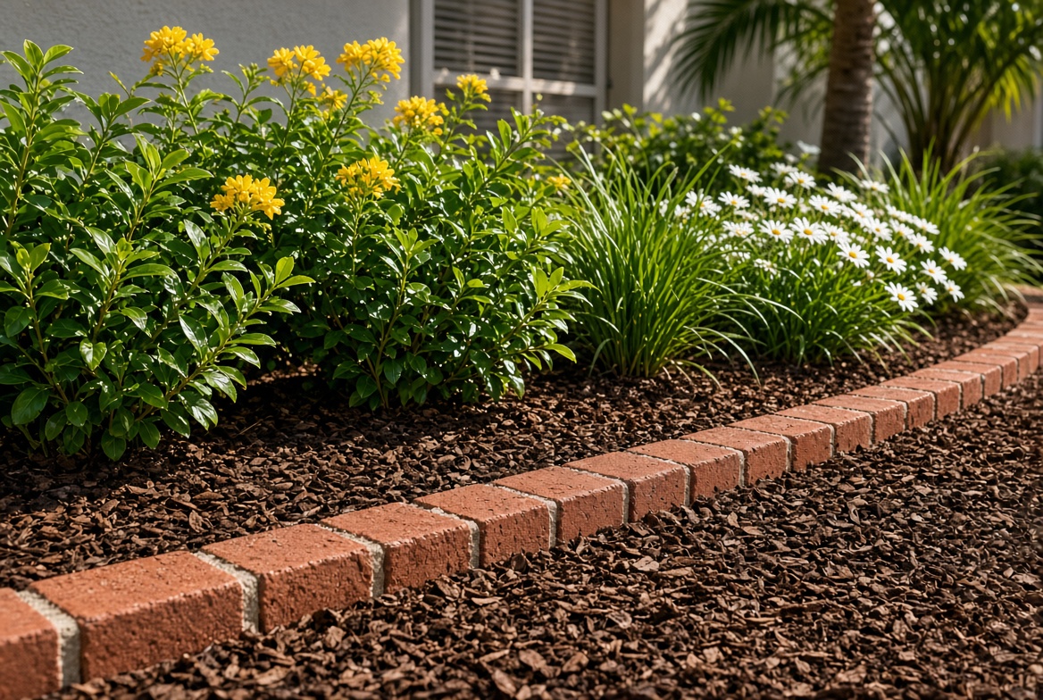 Mulched flower bed with brick edging