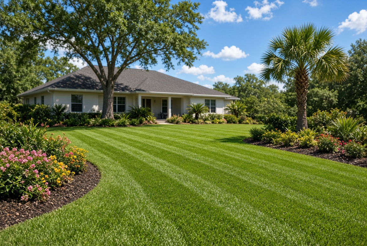 Freshly mowed Jacksonville lawn with palm and oak trees