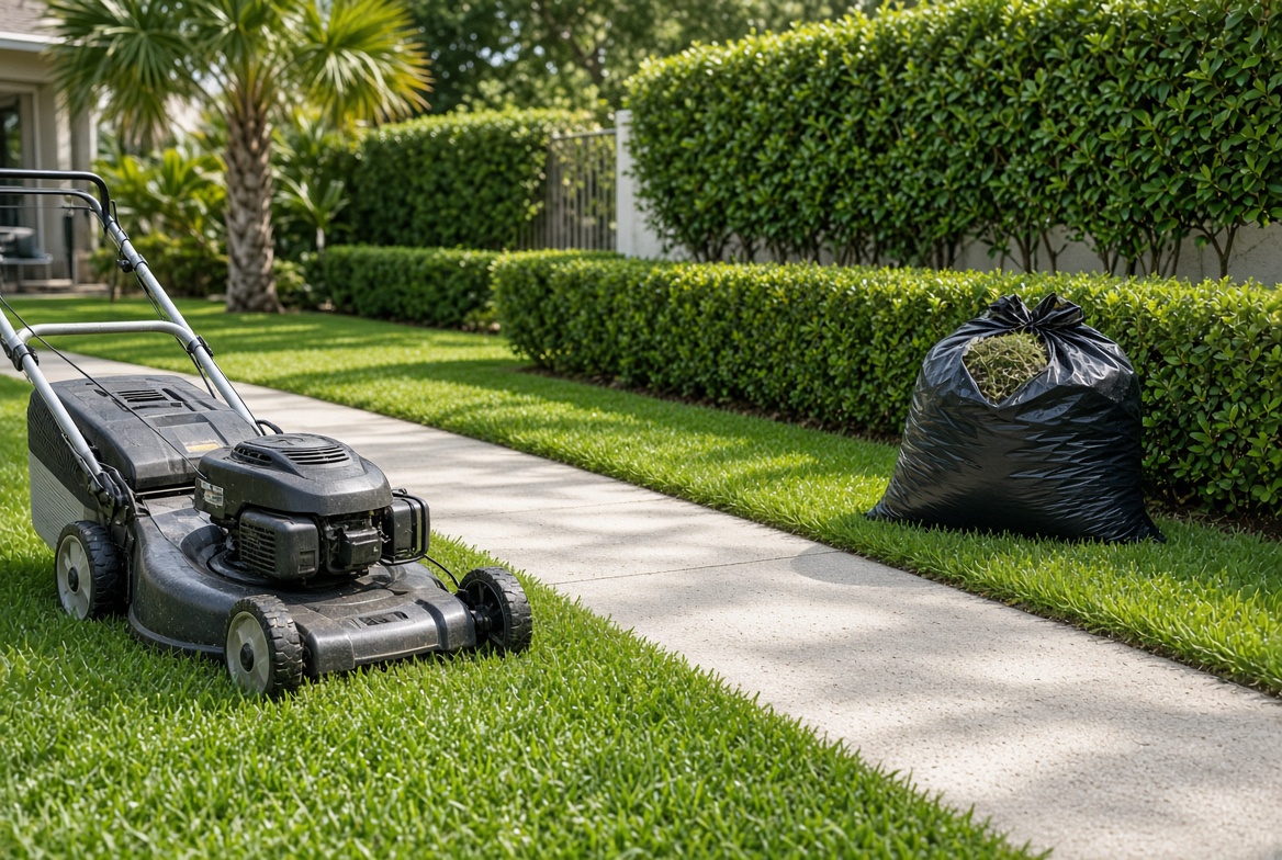 Lawn mower on freshly cut grass